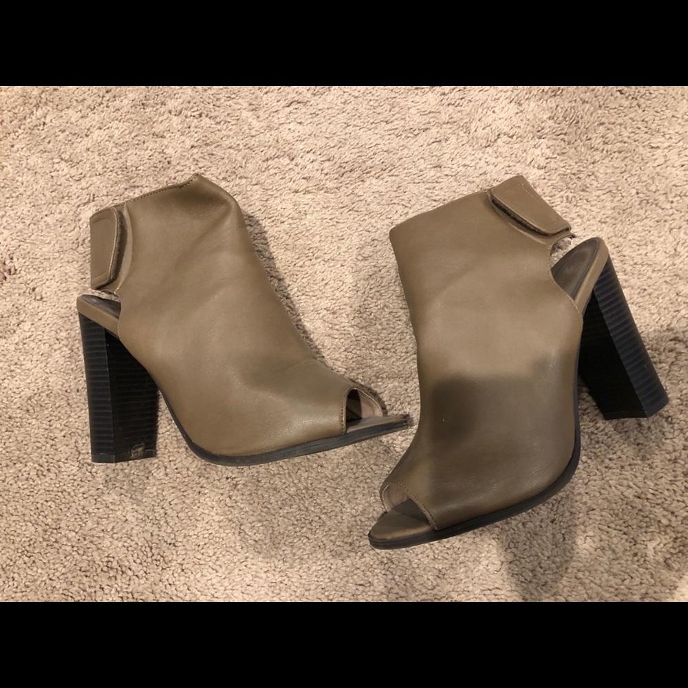 Tan open toed heeled ankle booties